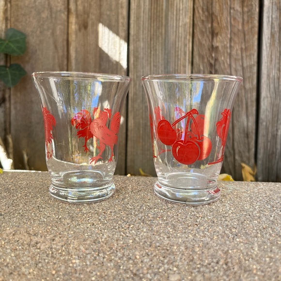 Libby Red Rooster Vintage Set of Chicken Juice Glasses Red Rooster & Cherry Cups - Picture 6 of 12